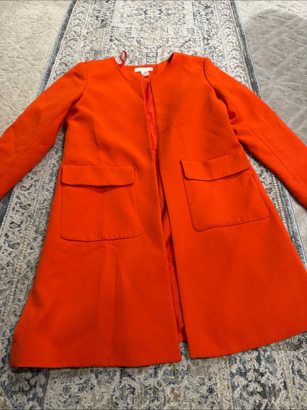 H&M Vibrant Orange Collarless Trench Coat with Front Flap Pockets
